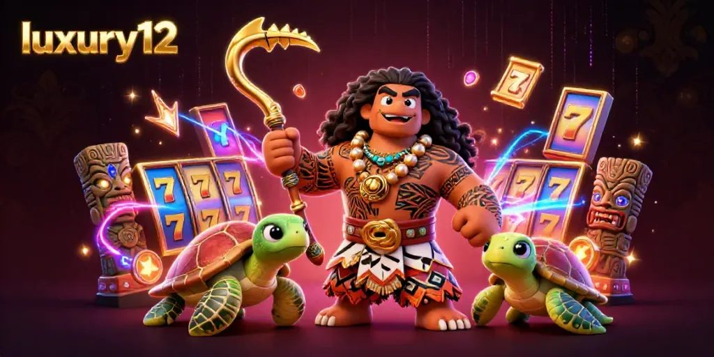 Experience thrilling gameplay with luxury12 in this vibrant illustration featuring a Polynesian demigod and lucky symbols.
