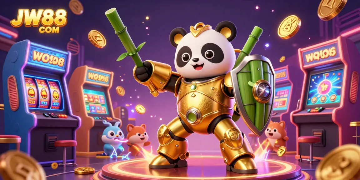 Engage with the immersive JW88 COM scene showcasing a golden panda piloting a robot amidst colorful gambling elements.