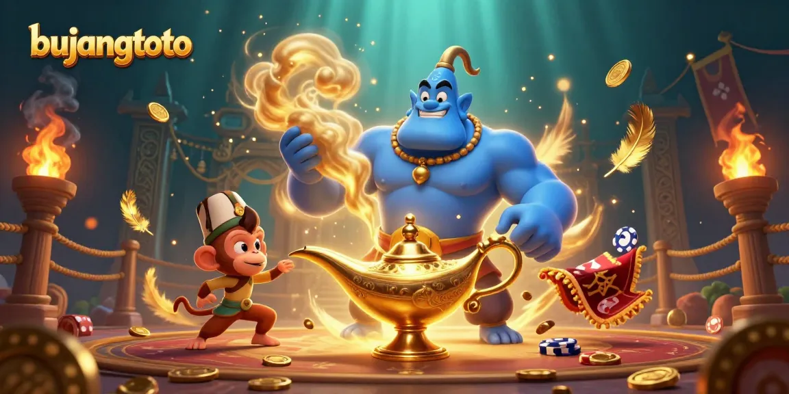 Bujangtoto showcases an exhilarating casino scene with a genie, monkey, and enriched gambling elements.