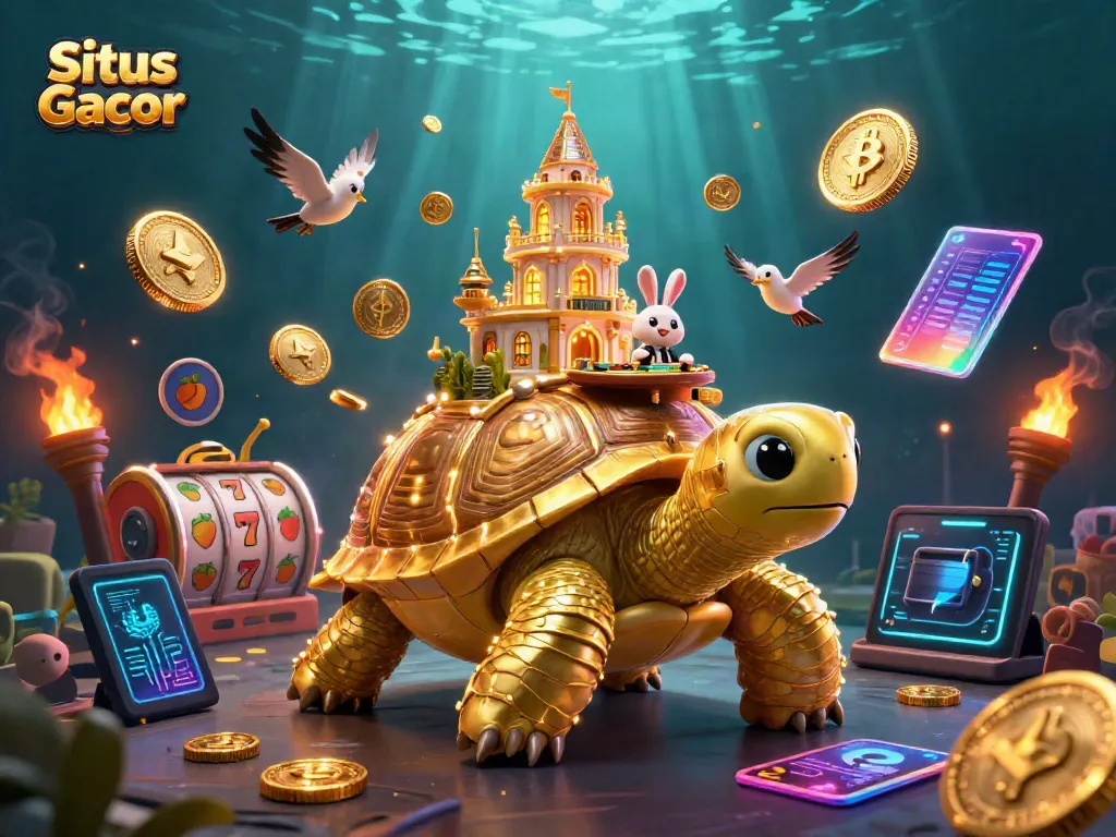 Ilustrasi 3D Situs Slot Gacor dengan kura-kura emas dan dealer kelinci.