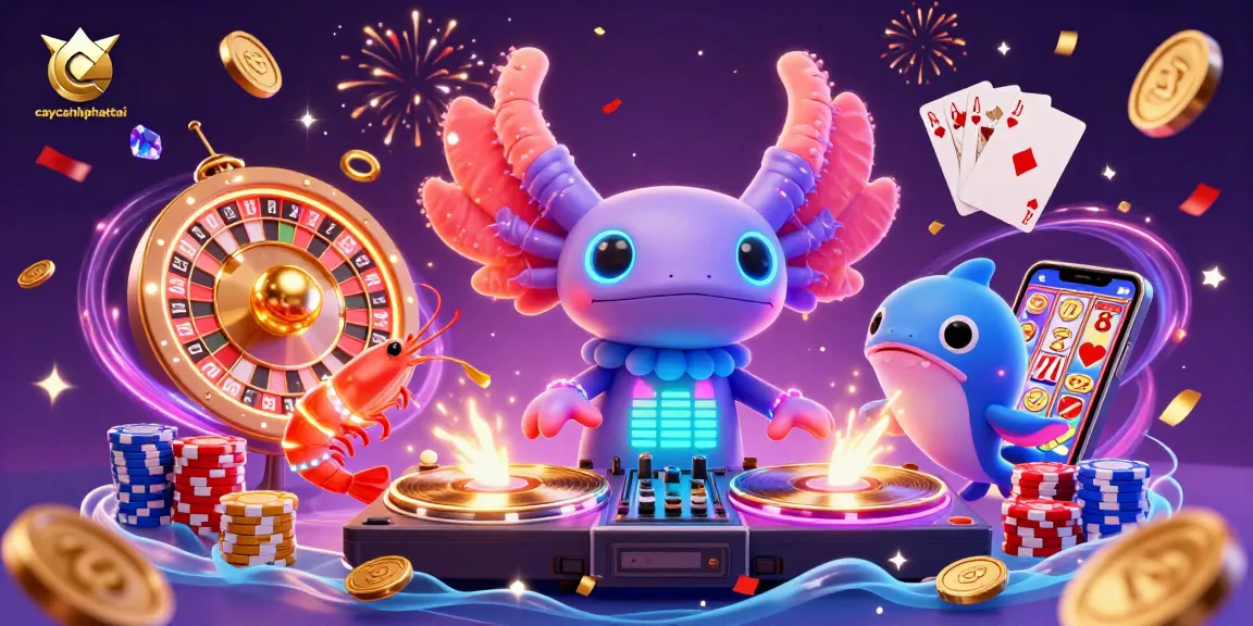 Caycanhphattai featuring a neon axolotl DJ spinning in a dazzling underwater casino scene, enhanced by shimmering gems and golden coins.
