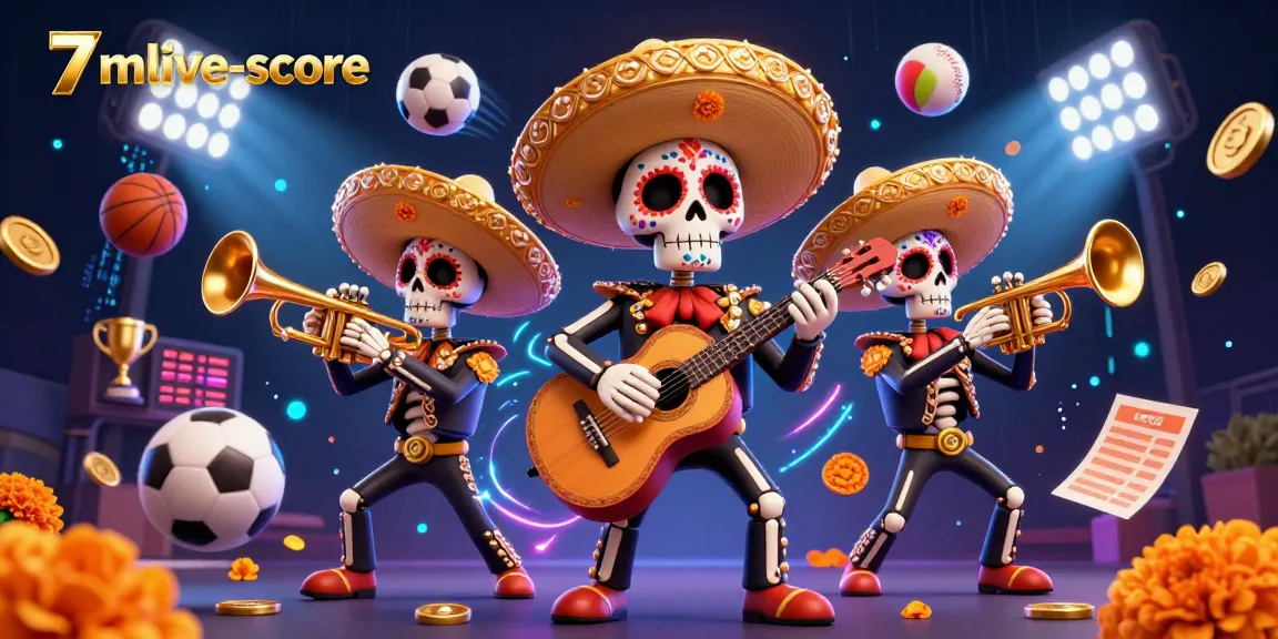 Experience 7mlive-score in a vibrant 3D casino scene with mariachi skeletons and dynamic sports elements.