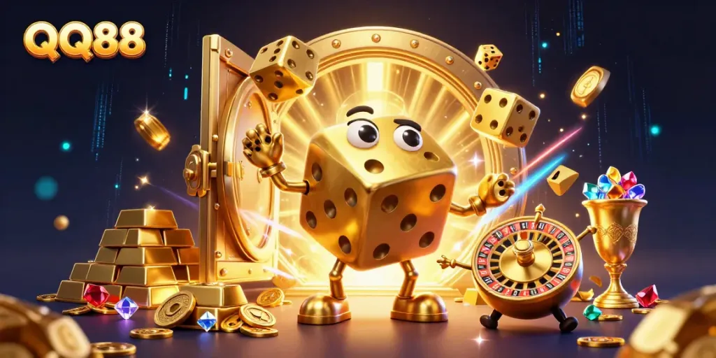 Experience thrilling gameplay at QQ88 with engaging golden dice characters and sparkling treasure.