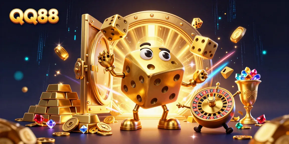 Experience thrilling gameplay at QQ88 with engaging golden dice characters and sparkling treasure.