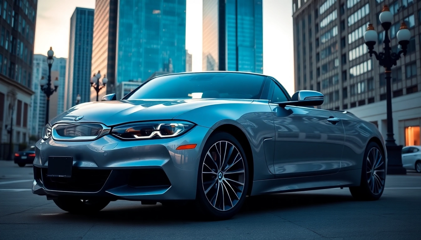 Admiring a Luxury BMW car parked in an upscale urban environment with city architecture.