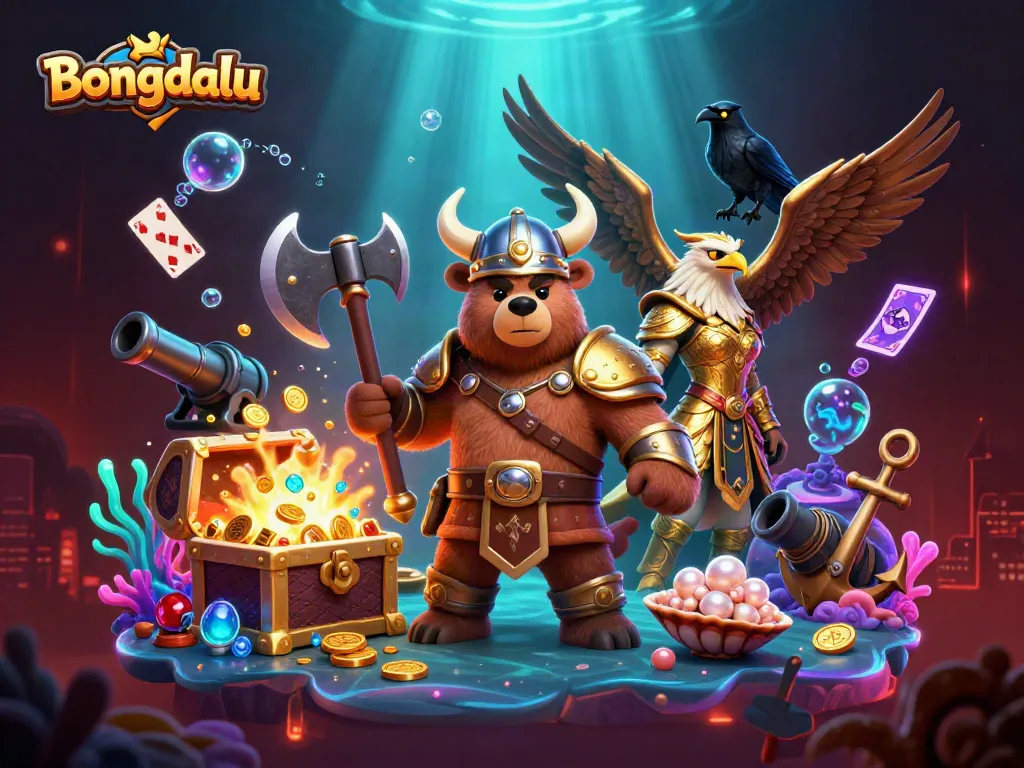 Engage with Bongdalu while experiencing a vibrant 3D illustration of a Viking, Valkyrie, and mythic elements in an energetic casino backdrop.