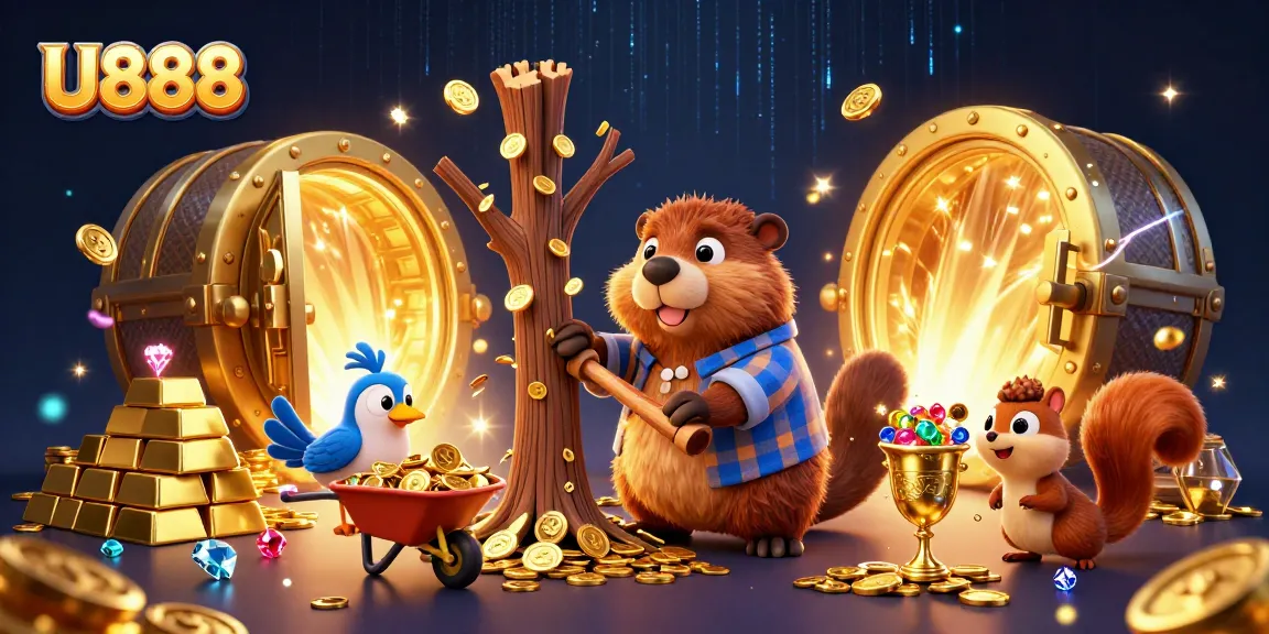 Experience U888 with vibrant 3D characters enjoying gold coin rewards in a dynamic casino world.