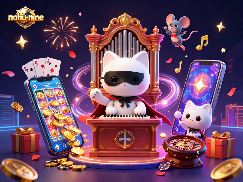 Experience exciting gameplay with nohu-nine featuring a phantom cat at a casino organ amidst colorful gaming elements.