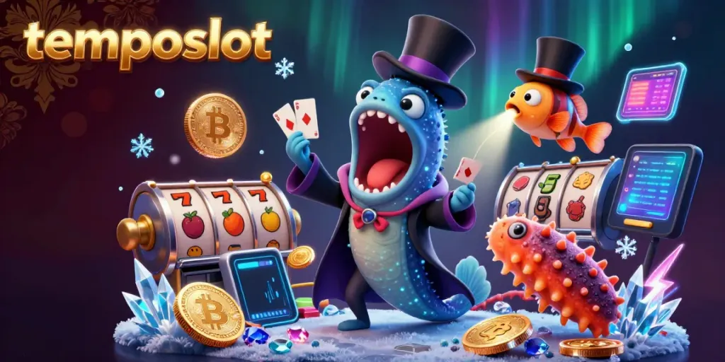 Slot permainan tematik dan cryptocurrency bersatu dalam ilustrasi tematik temposlot yang kaya warna.