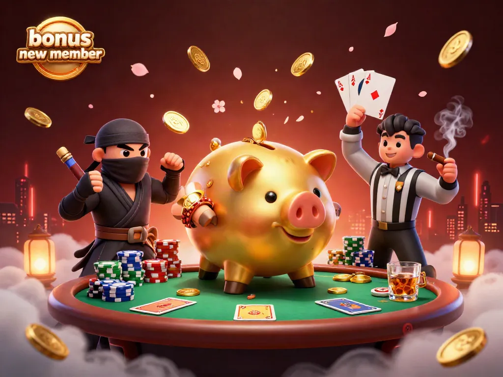 Experience the excitement of a bonus new member at an online casino with our dynamic 3D illustration featuring playful characters.