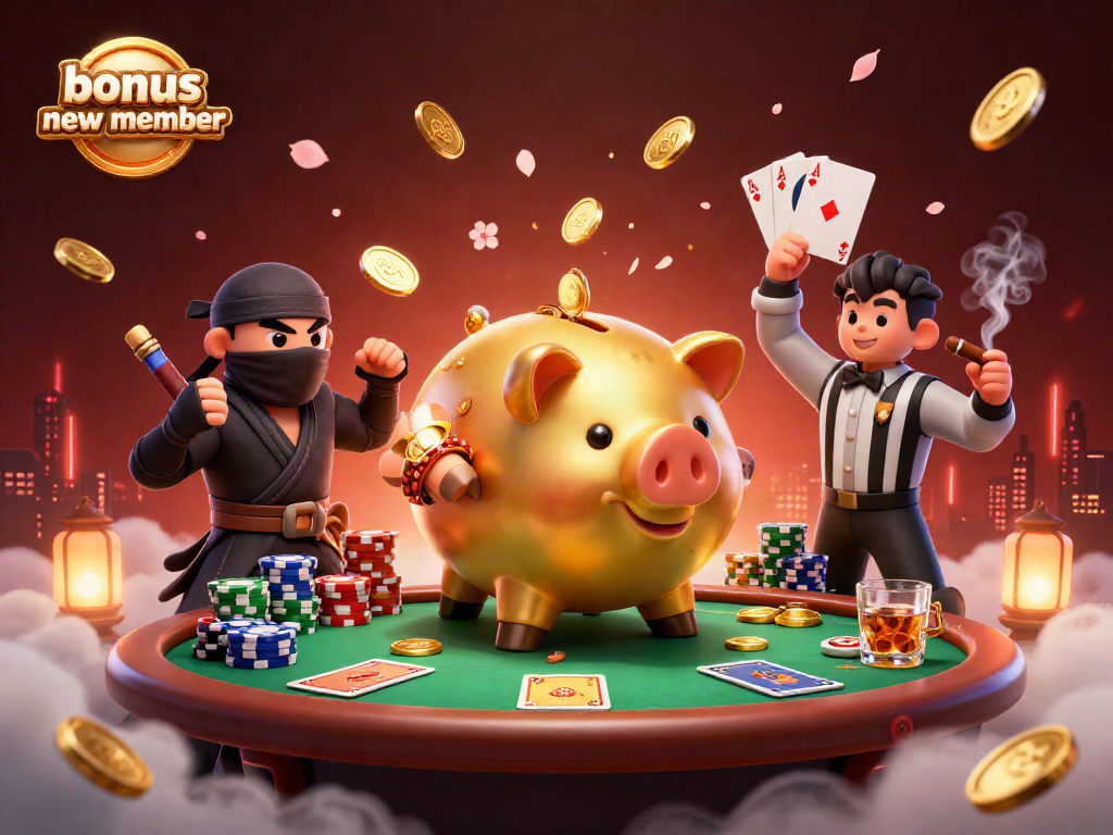 Experience the excitement of a bonus new member at an online casino with our dynamic 3D illustration featuring playful characters.