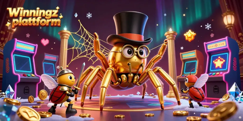 Oppdag Winningz plattform med en 3D-tegnet tarantula og en ridderinsektscene.
