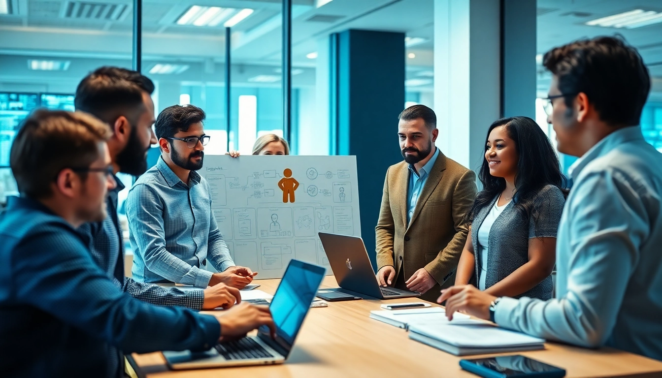 Cyber Essentials UK team discussing cybersecurity strategies in a modern office setting.
