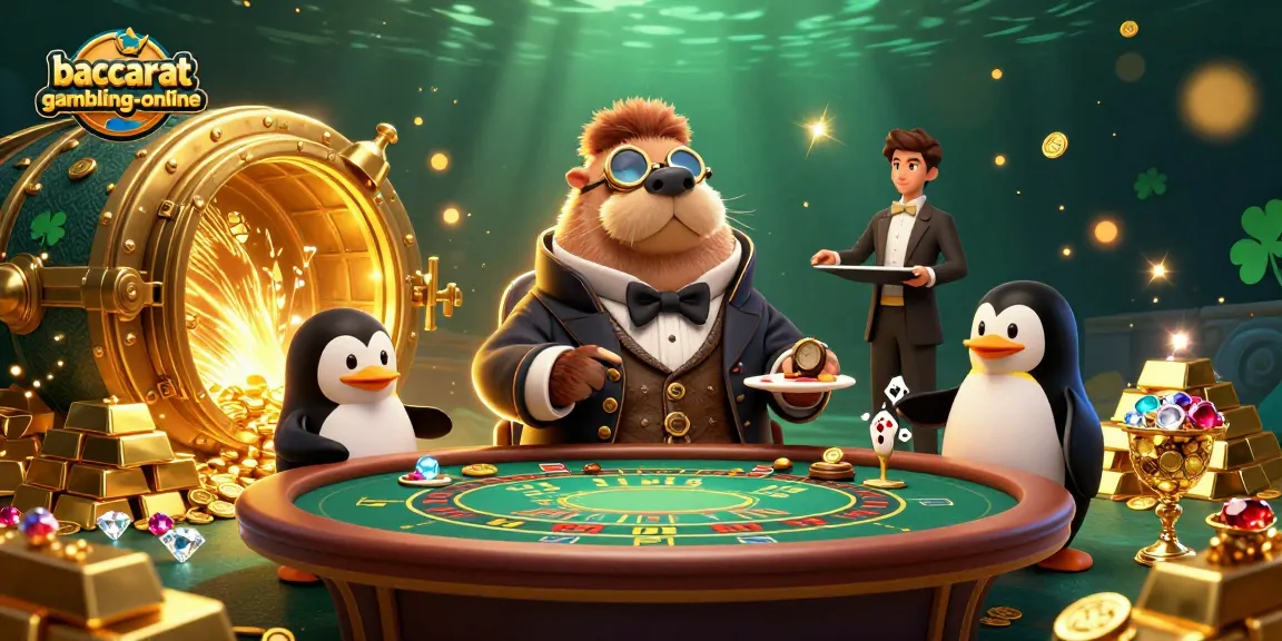 Baccarat-gambling-online showcases a lively underwater baccarat game with whimsical characters and treasure elements.