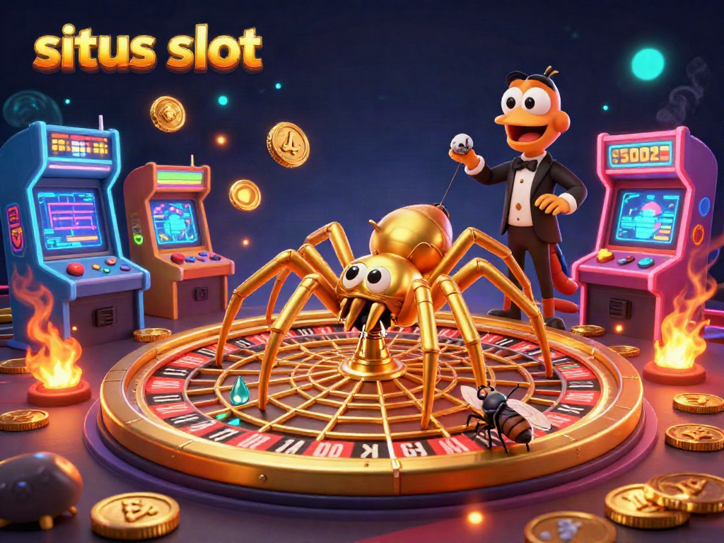 Experience the excitement of situs slot with a golden spider in a roulette wheel web, surrounded by vibrant arcade elements.