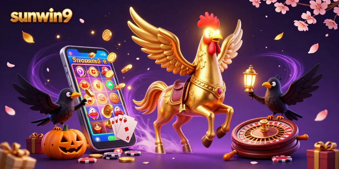 Experience thrilling gameplay with sunwin9's dynamic casino scene featuring a golden rooster and spooky companions.