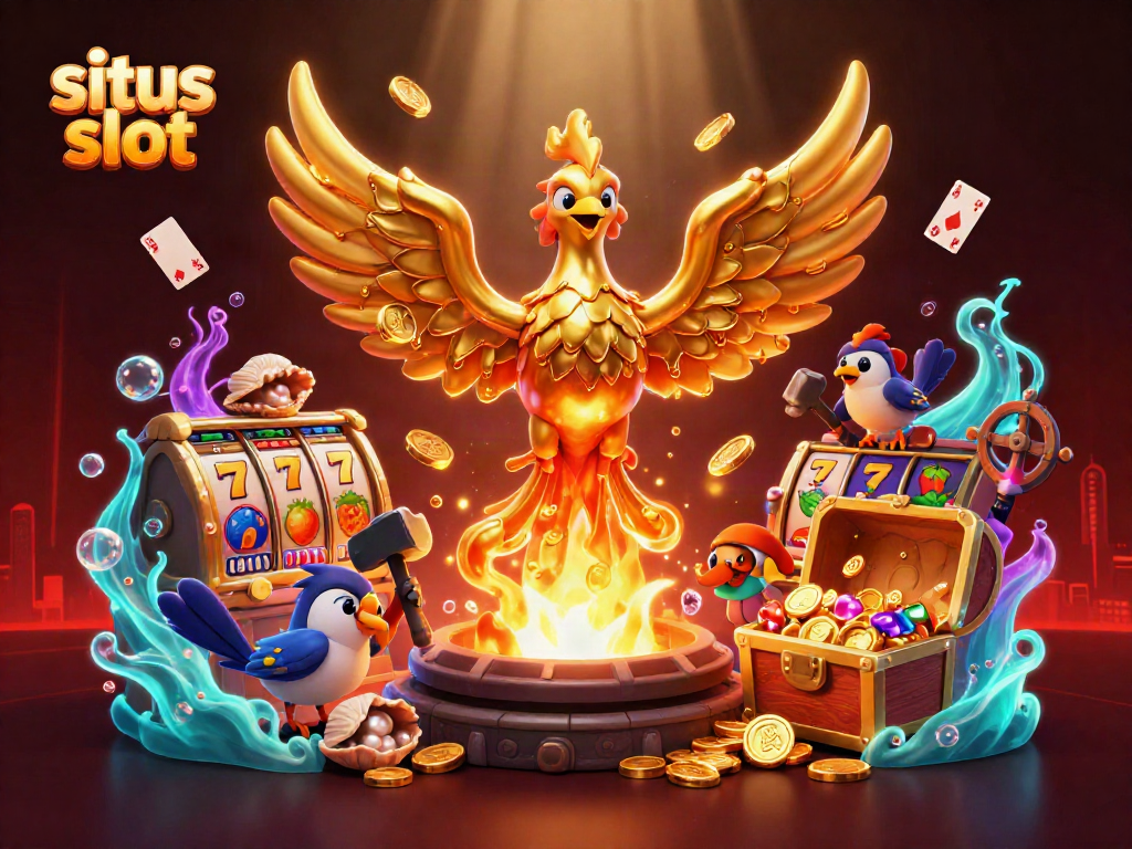 Menang besar di situs slot dengan simbol phoenix emas, mesin slot, dan koin emas yang menumpuk.
