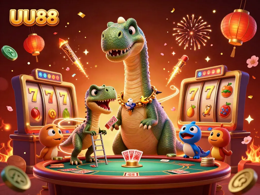 Experience exhilarating gambling action with UU88 in a vibrant casino scene with dynamic characters and lucky symbols.