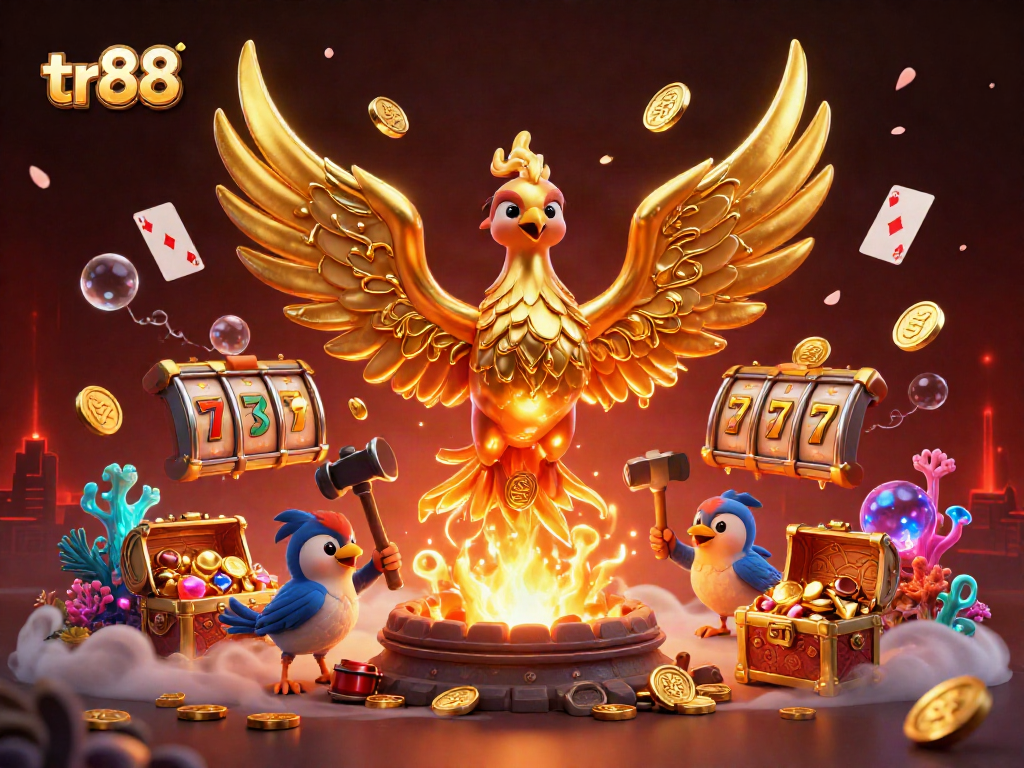 Experience the thrill of tr88 with a rich 3D scene of a golden phoenix, slot reels, and treasure exploding in gold.