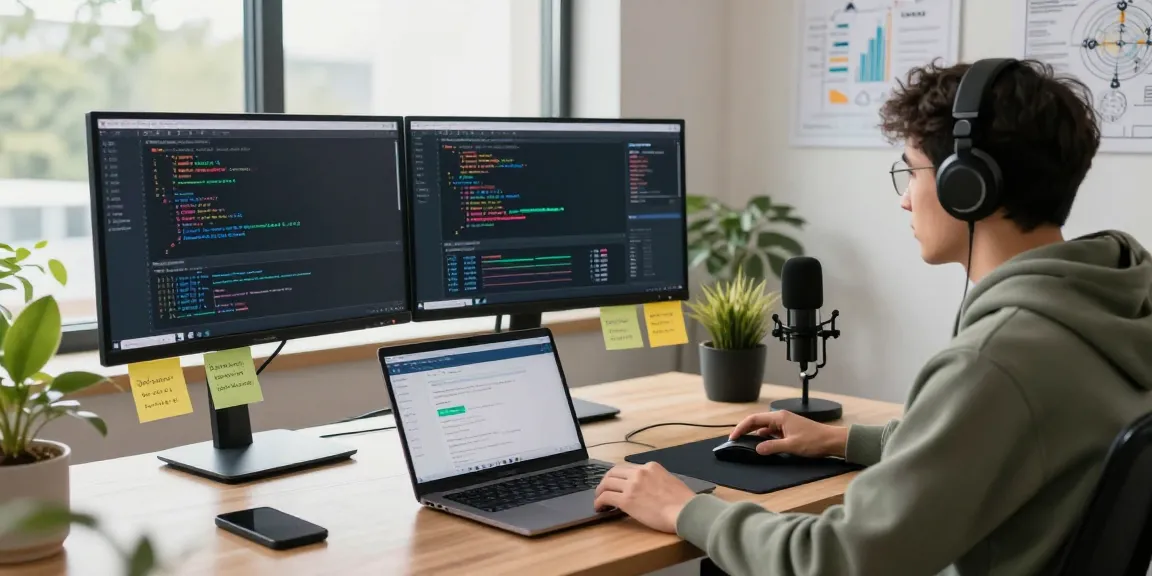 Developer working on USDT0 integration in a modern workspace with dual monitors, laptop, and natural light.