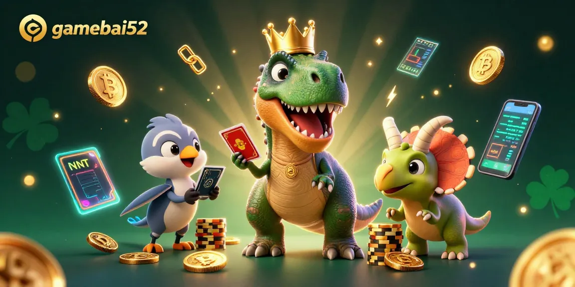 Experience thrilling moments in gamebai52 with vibrant cartoon T-Rex and crypto elements.