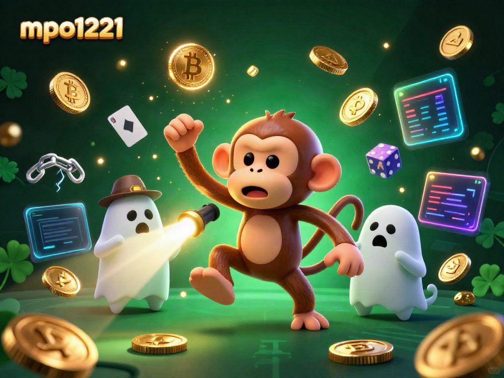 Engage with the magical mpo1221 scene featuring a playful poltergeist monkey juggling casino treasures in a haunted environment.