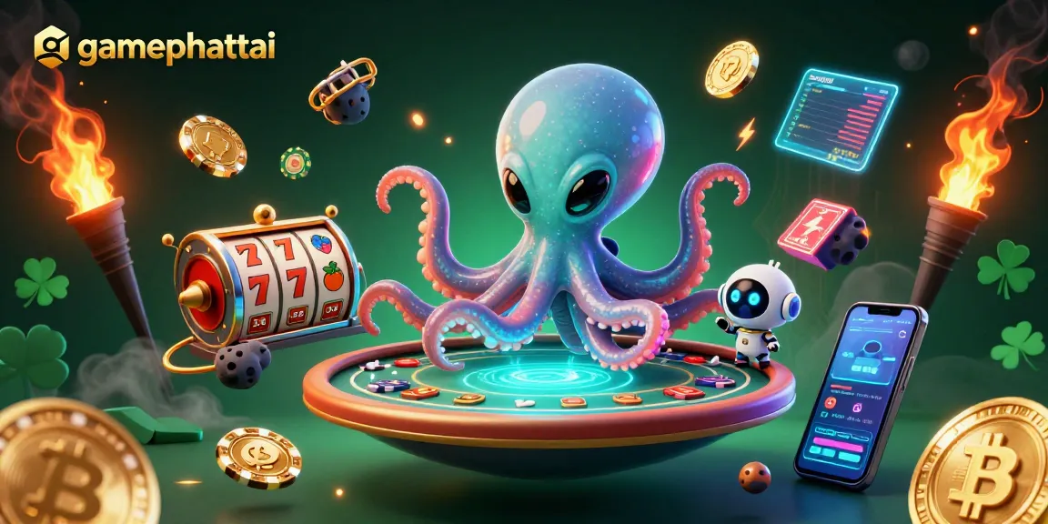 Experience the thrill of gamephattai as an alien octopus spins slot reels in a vibrant cosmic casino.