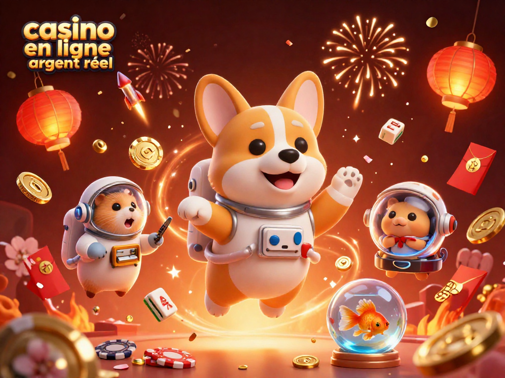 Illustration vibrante représentant le casino en ligne argent réel avec un corgi astronaute et des jetons flottants.