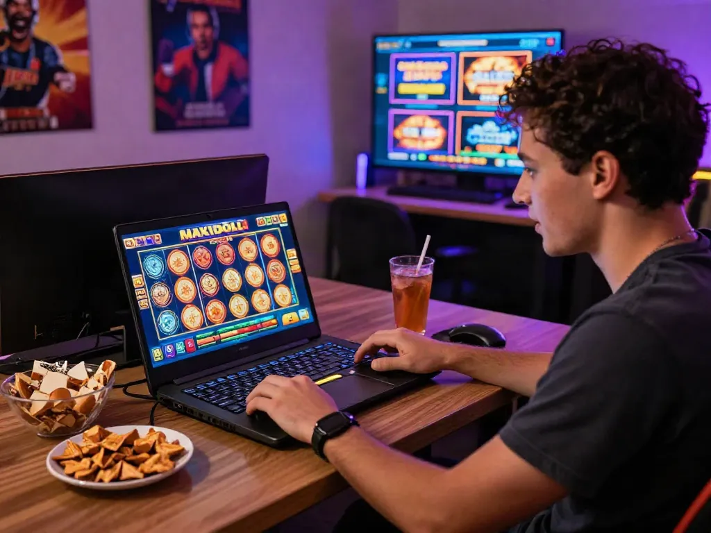 Player enjoying slot maxwin games in a cozy gaming setup with vibrant graphics and soft lighting