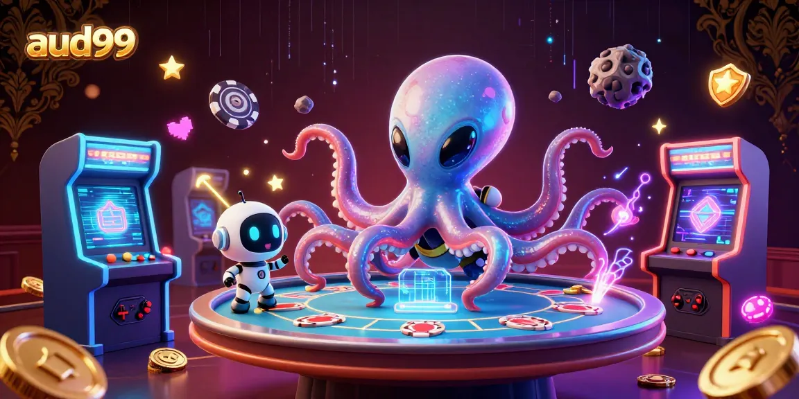 Engage with aud99 gaming fun as an alien octopus operates a holographic poker table.