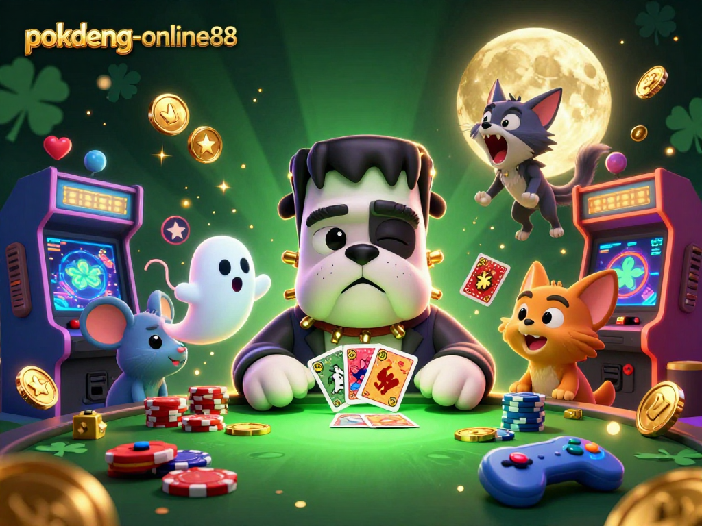 Engage in thrilling gameplay at pokdeng-online88 with unique characters like a Frankenstein bulldog, ghost mouse, and werewolf kitten