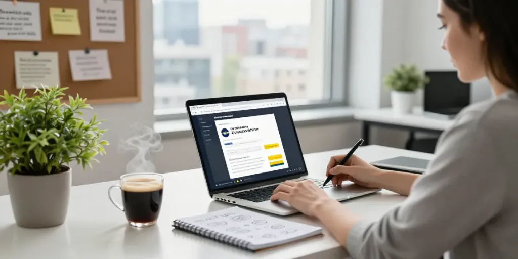 Writer using an AI article writer in Ukrainian in a modern office setting.
