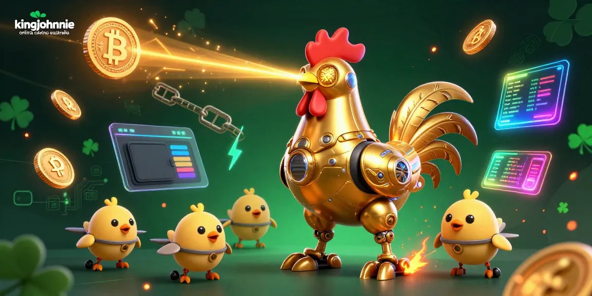 Experience kingjohnnie online casino australia with a vibrant 3D scene of a golden rooster robot and crypto elements.