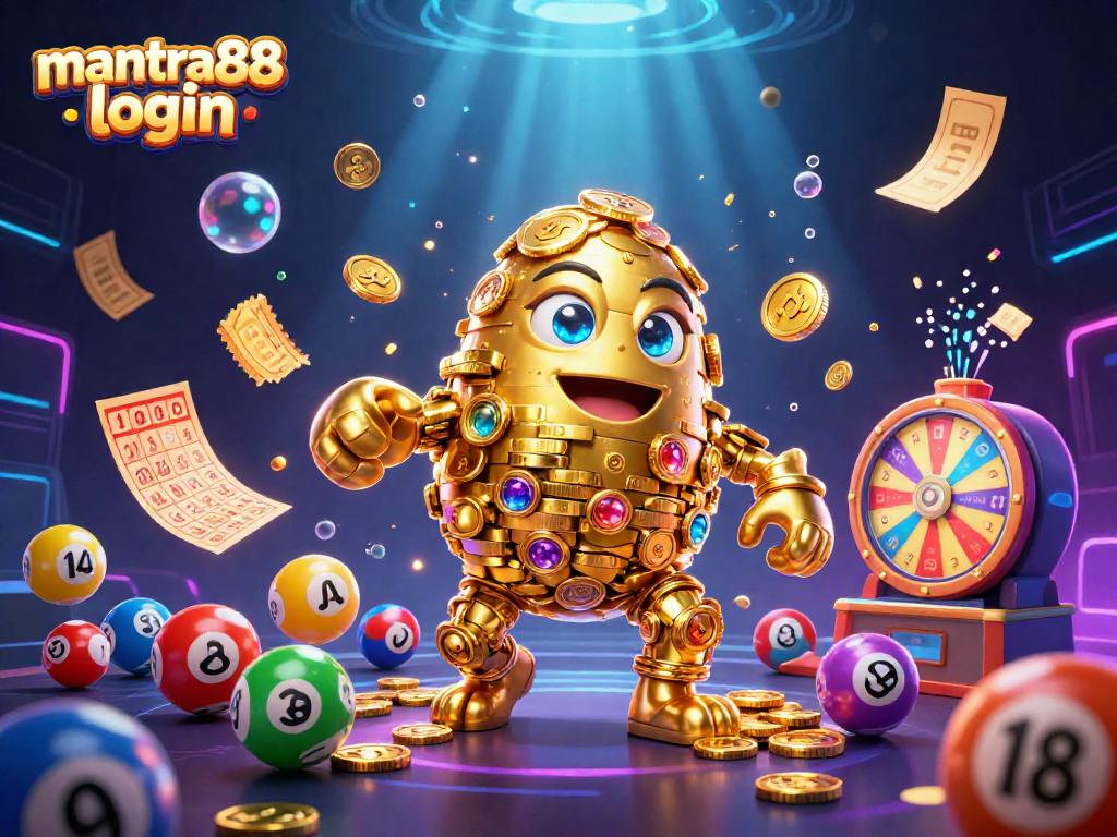 Play and win with mantra88 login in this vibrant 3D casino-themed illustration.