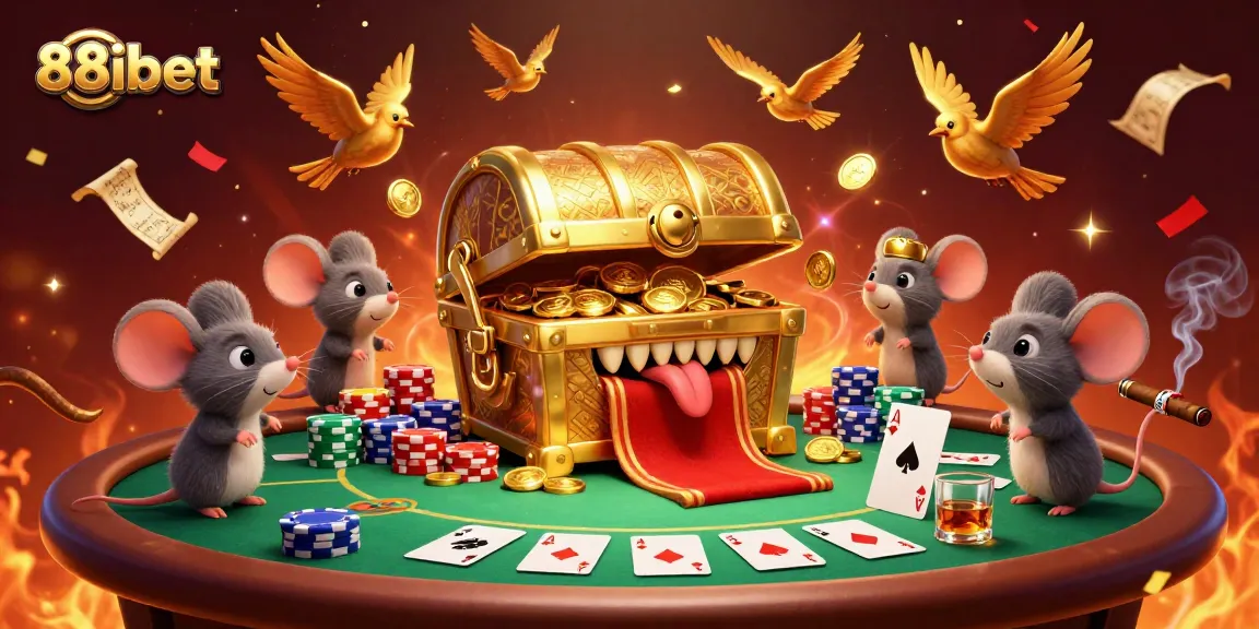 Experience the excitement of 88ibet with cartoon characters engaging in a poker game surrounded by vibrant casino elements.