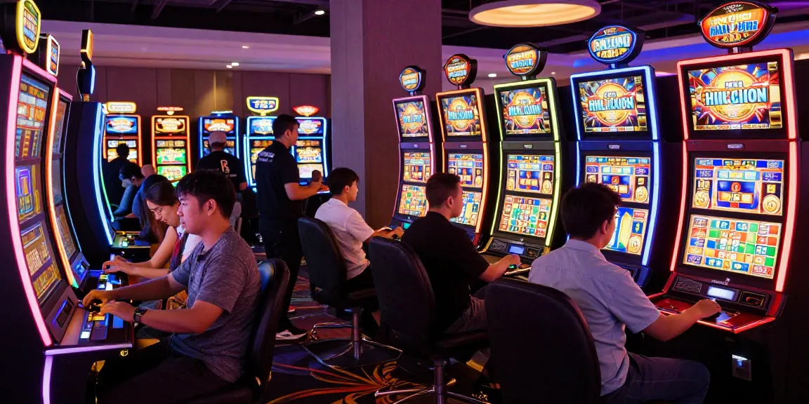 Situs gacor gaming scene with diverse players at colorful slot machines.
