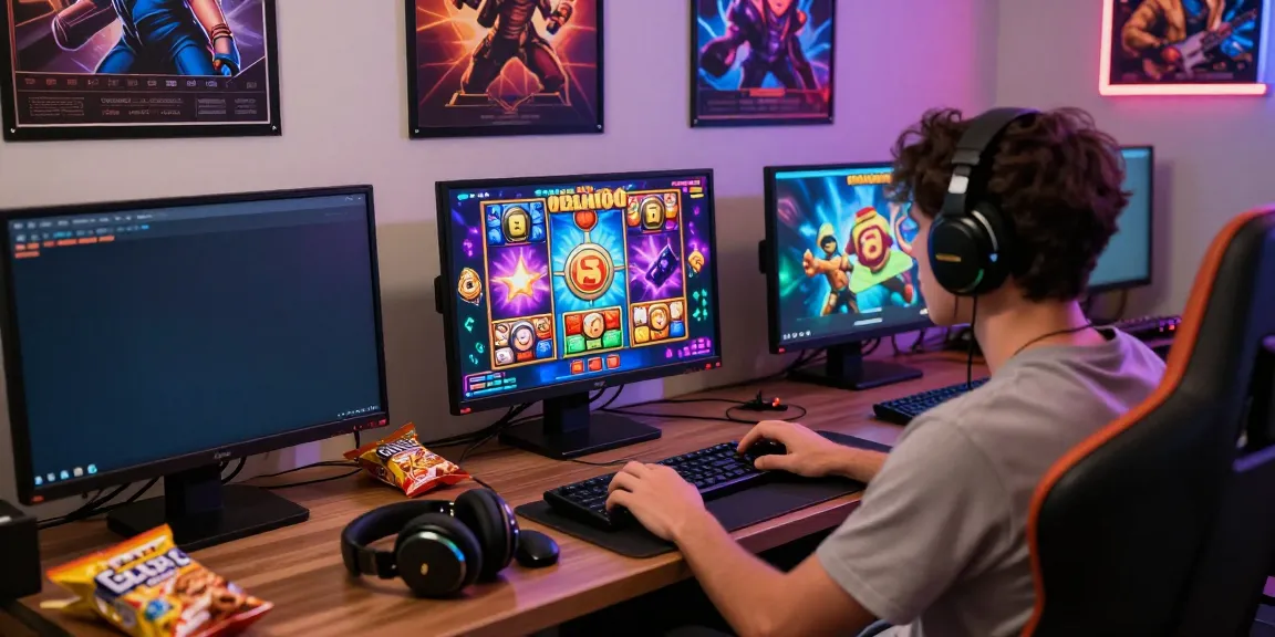 Player immersed in exciting slot gacor gaming experience with colorful graphics and gaming accessories.
