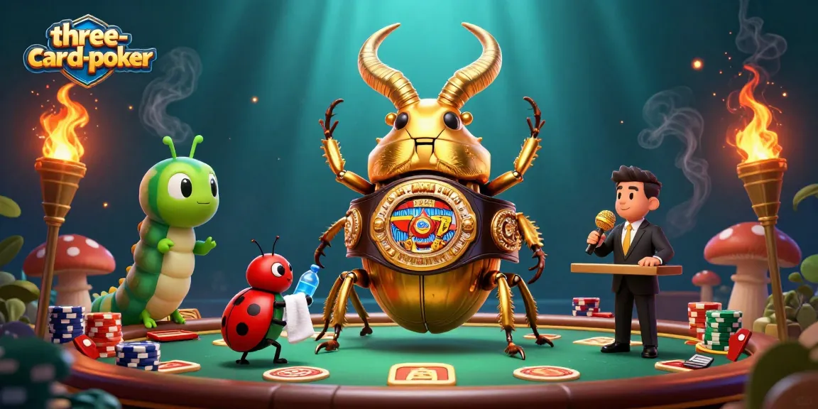 Three-card-poker showdown illustration with dynamic poker elements and vibrant characters.