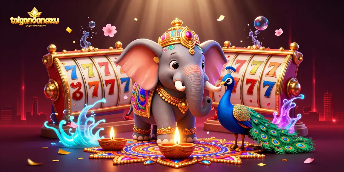 Experience taigamebancaanxu with vibrant slot reels and a festive casino scene.