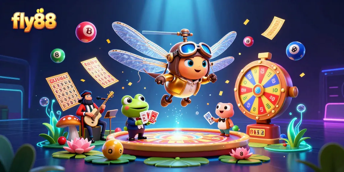 Experience fly88's vibrant casino atmosphere with a dragonfly pilot and frog dealer in dynamic action.