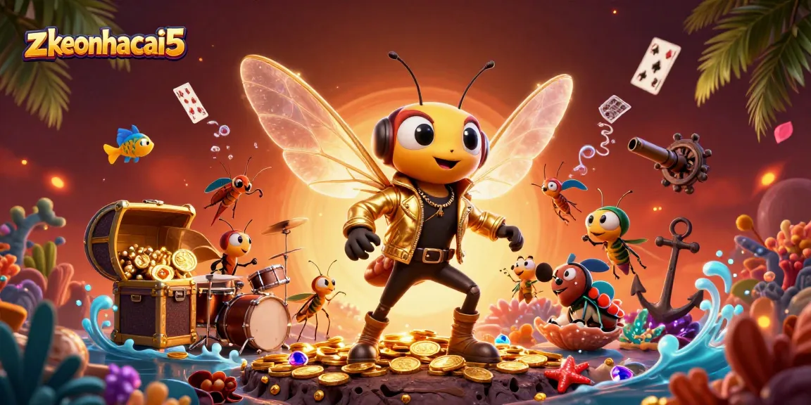 Win big with zkeonhacai5 in a dazzling casino scene with vibrant characters and treasures.