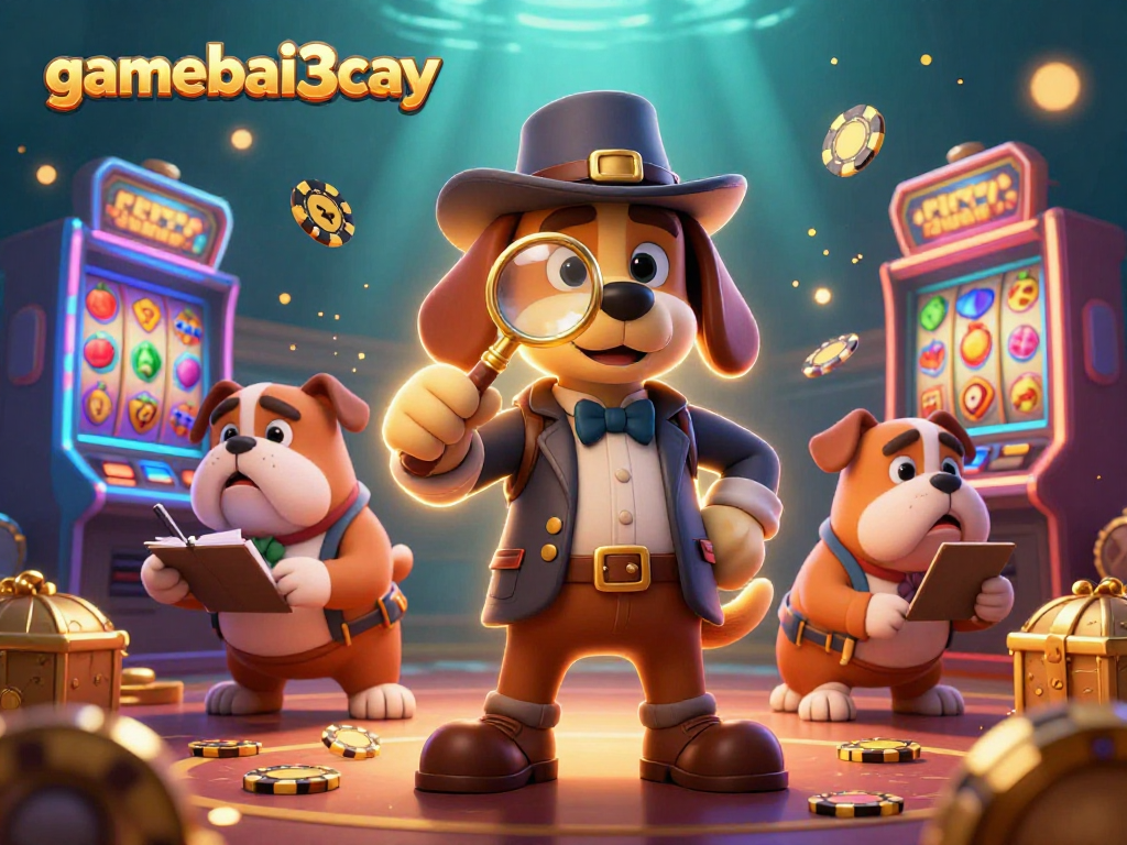gamebai3cay discovers treasure clues in a casino setting with vibrant slot machines.