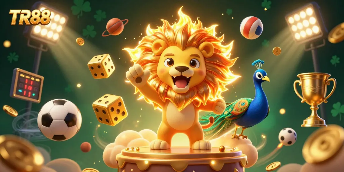 Experience TR88 sports thrills with dynamic 3D illustration of a lion, dice, and energetic game elements.