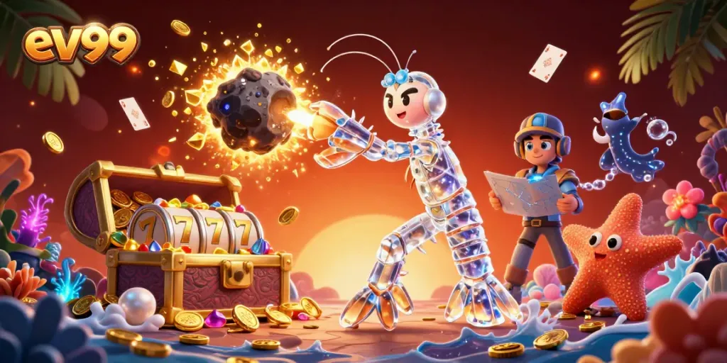 Experience thrilling action with ev99 as a galactic samurai battles asteroids amidst a jewel-filled casino.