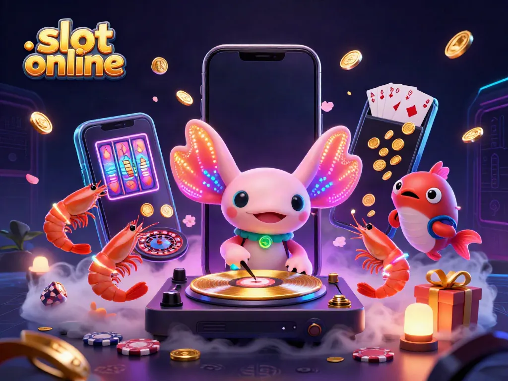Experience vivid slot online excitement with our DJ axolotl spinning vibrant reels and golden coins!