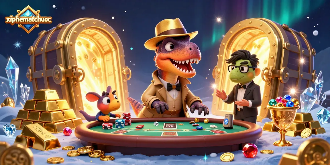 xiphematchuoc strategy scene featuring a velociraptor card counter and a suspicious pit boss amid a glimmering casino