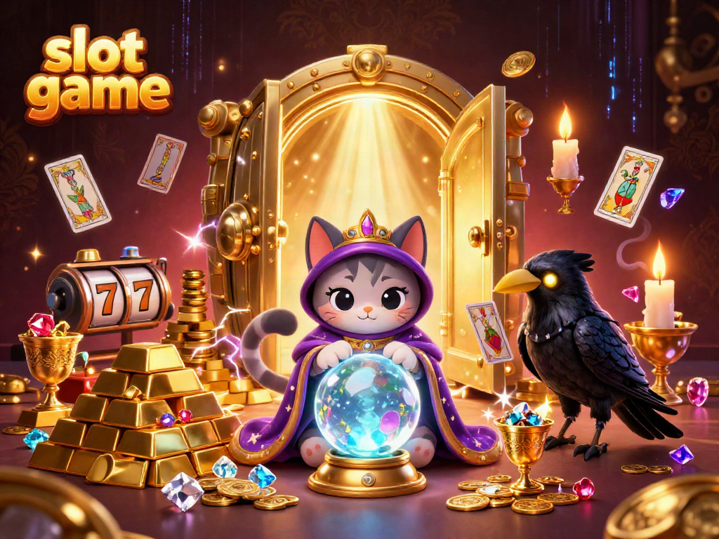 Ilustrasi 3D slot game menampilkan kucing mistik dengan bola kristal dan burung gagak yang membagikan kartu, dikelilingi oleh elemen permainan menarik.
