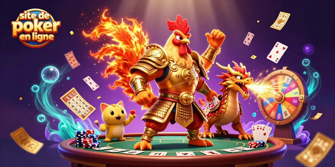 Jouez sur le site de poker en ligne avec des personnages captivants accompagnés de cartes et de jetons dans un cadre dynamique.