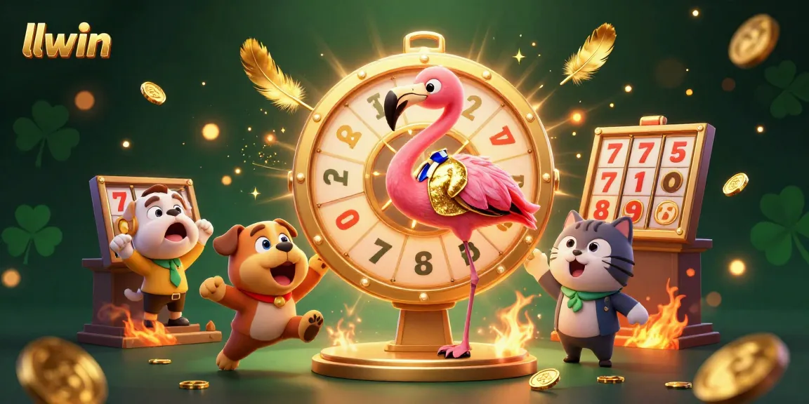 Join the excitement at llwin with a vibrant illustration of a game show featuring a flamingo host, bulldog contestant, and prizes!