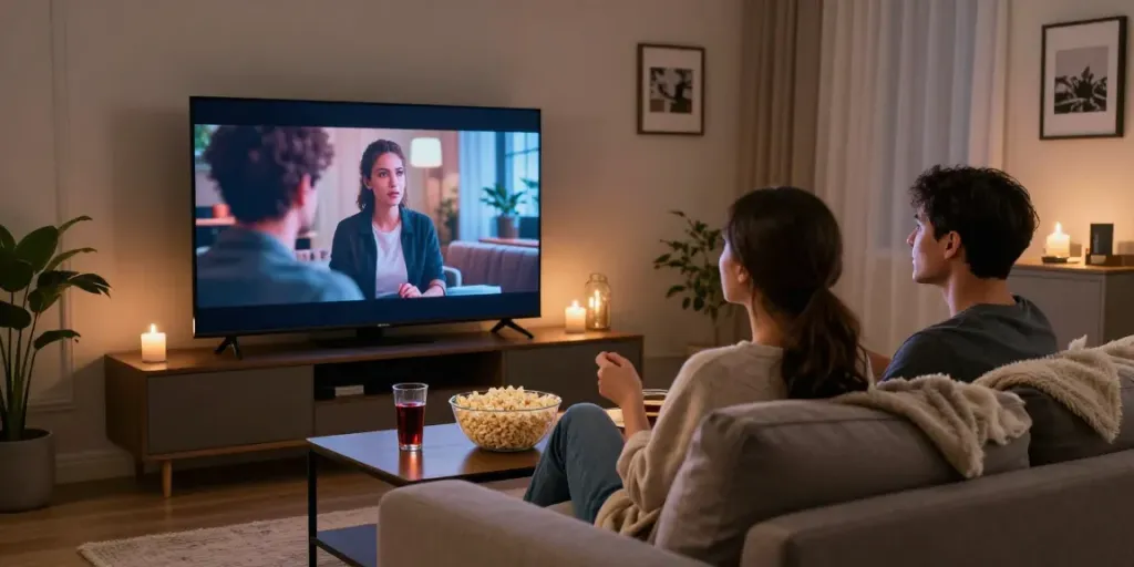Couple enjoying hornyleak adult content on a cozy couch.
